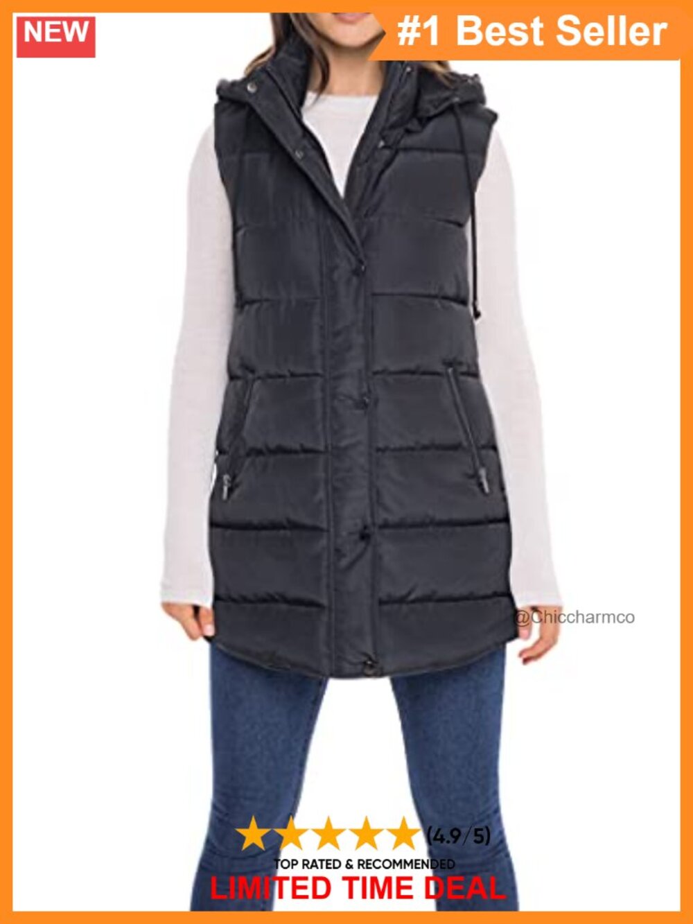 Long Quilted Puffer Vest Faux Down Hooded Fall Winter Zip Pockets